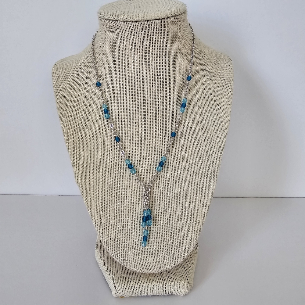 Vintage Signed Monet Silver Tone Blue Crystal Tassel Y-Necklace